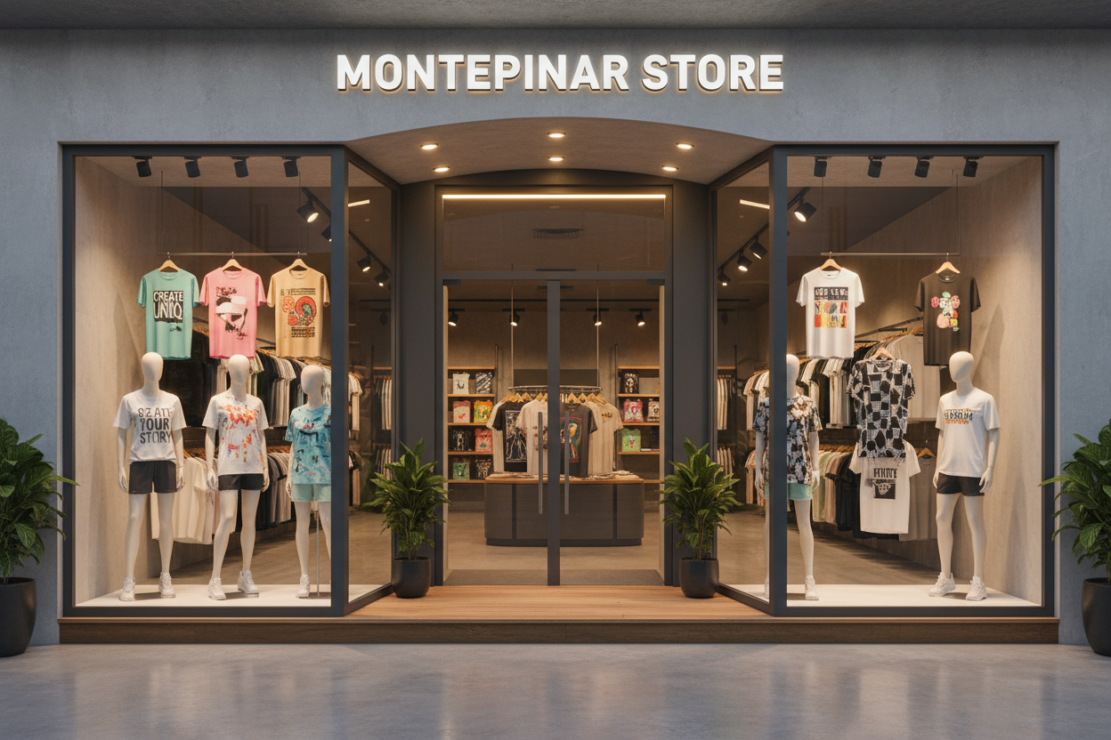 genera una portada con el nombre "MONTEPINAR STORE" con la entrada de una tienda de camisetas personalizadas